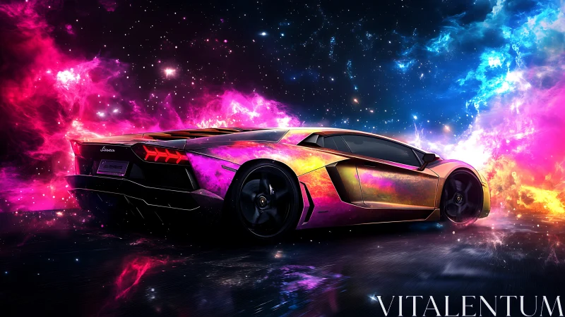 Sports car rendered against vivid cosmic nebula background