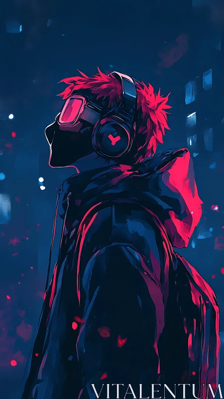 Neon-lit figure with headphones in stylized night scene.