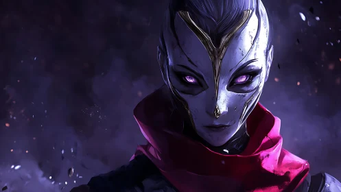 Masked alien sentinel glares through swirling cosmic ash.