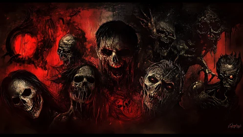 Grotesque undead skull horde in red and black hellscape.