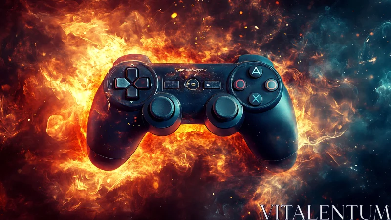 Gaming Controller Engulfed in Fiery Plasma Effects and Neon Light.
