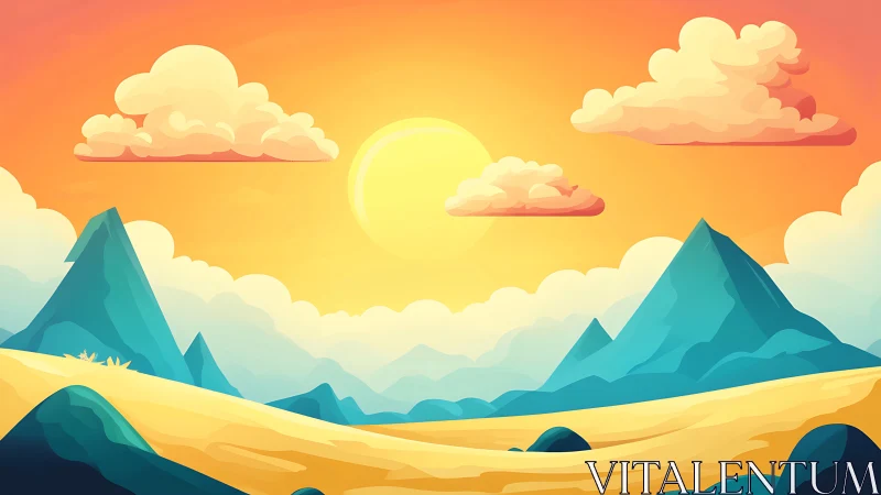 Stylized sunny desert valley with blue mountains at dusk.