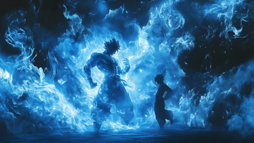Two energy figures in blue flame aura confrontation scene.