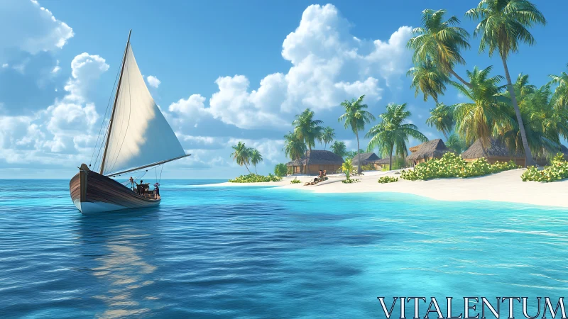 Traditional sailing dhow with lug sail approaching tropical island beach resort.