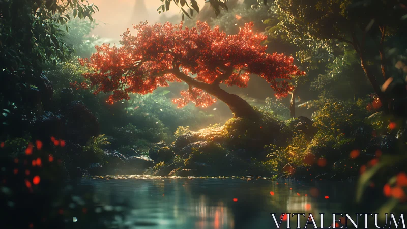 Radiant red tree glows above a tranquil forest pool.