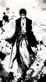 Stoic swordsman in monochrome ink wash composition.