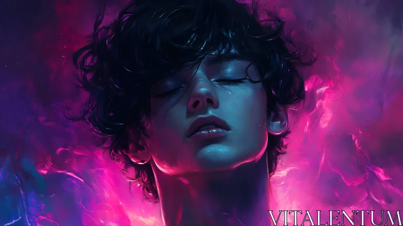 Androgynous portrait in neon blue and magenta light.