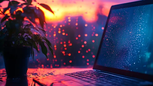 Laptop and potted plant by rainy window at neon sunset.