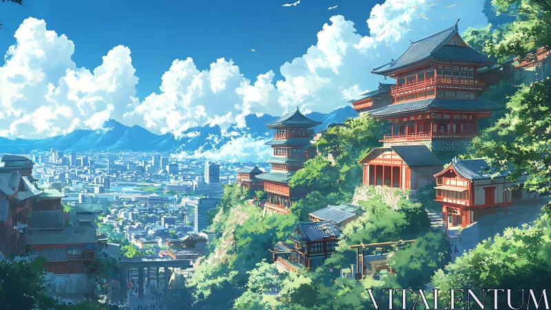 Skyline shrine terraces watching a sunlit mountain city.