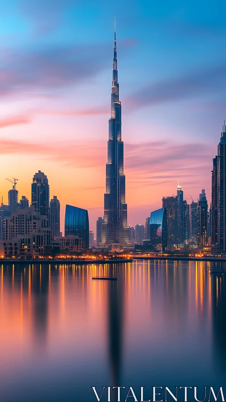 Sunset skyline highlights central glass tower over calm bay