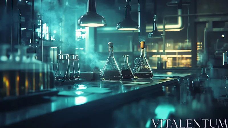 Dim laboratory bench with glass flasks under teal lights.