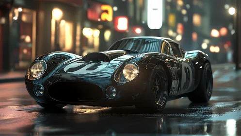 Vintage race car sits on wet city street at night