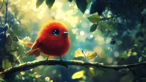 Adorable Red Bird on Branch in Whimsical Fantasy Forest Scene.