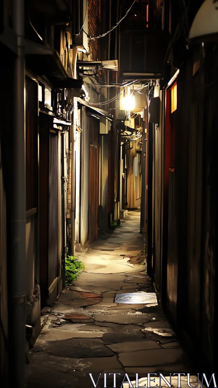 Narrow alleyway glows under warm urban night lights.