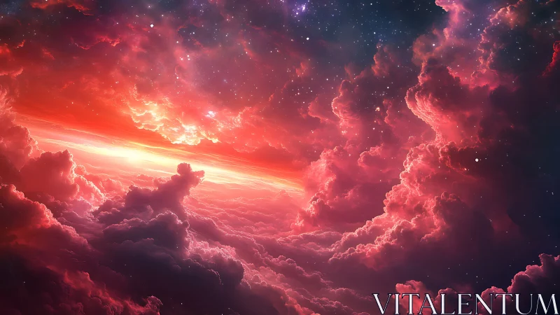 Digital nebula landscape shows vivid red clouds and stars