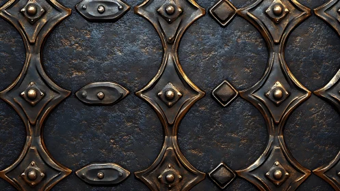 Ornate metallic lattice pattern with aged circular platework.