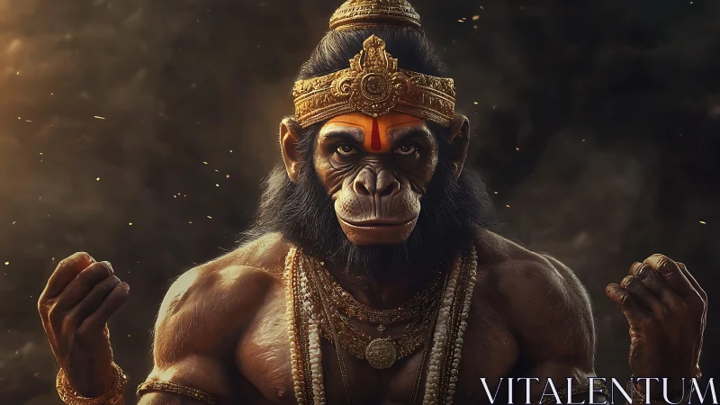 Simian warrior deity rendered in hyper-real digital chiaroscuro.