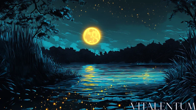 Full moon over river with silhouetted trees and fireflies.