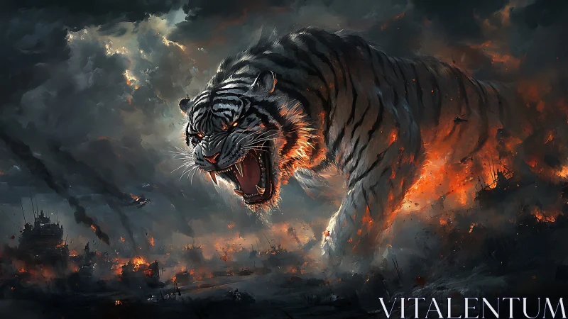 Giant roaring tiger strides through burning war-torn city.