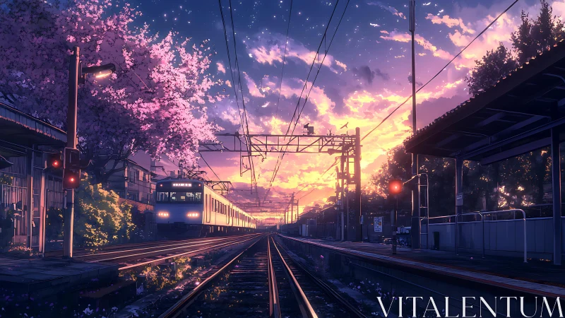 Evening train gliding through cherry blossoms at dusk.
