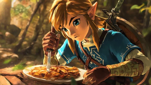 Fantasy hero pauses in forest light to eat hearty meal