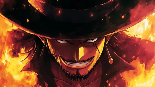 Fiery outlaw in shadowed hat smiles amid rising flames.