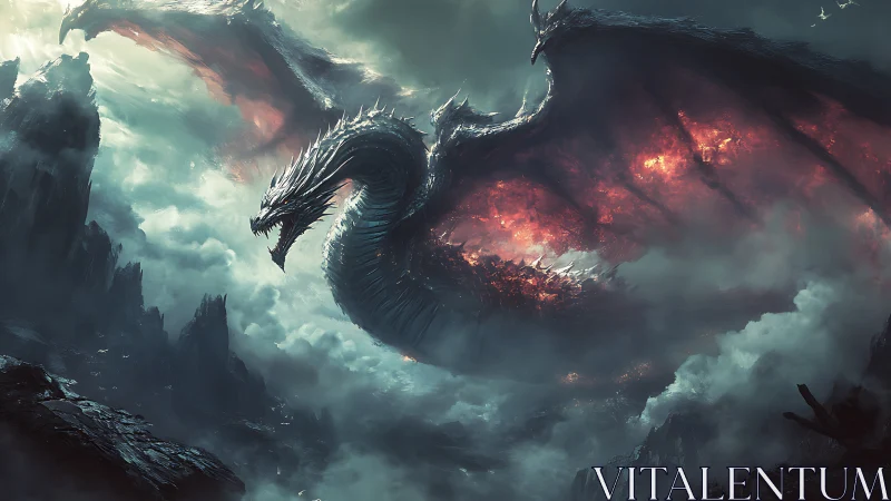 Inferno-winged worldbreaker soaring through storm-wracked skies.