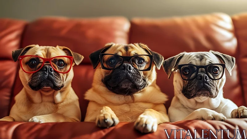 Three pugs wearing glasses on a leather sofa couch.