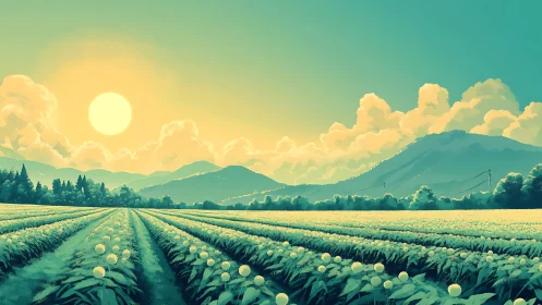 Sunlit flower fields stretch toward distant teal mountains at dawn