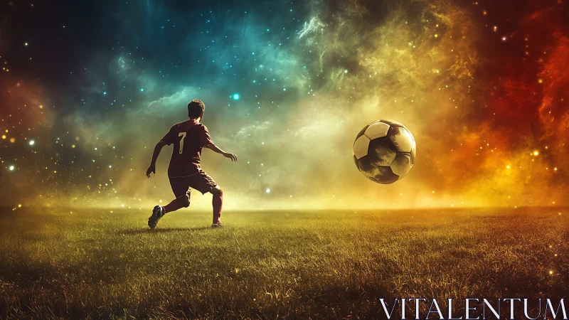 Soccer player and ball on field under cosmic sky backdrop.