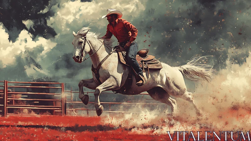 Dusty rodeo sprint with a confident cowboy and white horse.