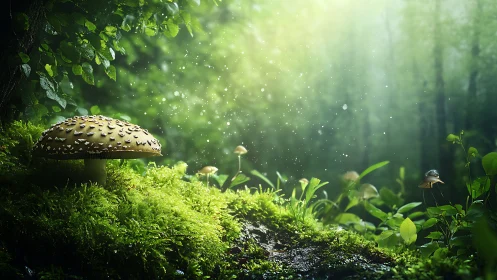 Moss throne for a speckled forest mushroom prince at dawn.