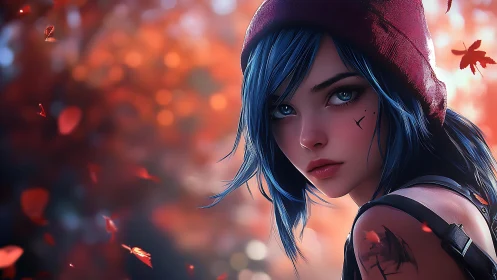 Blue haired girl in red beanie against blurred autumn leaves.
