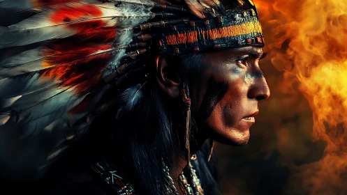 Warrior in feathered headdress studies swirling firelight