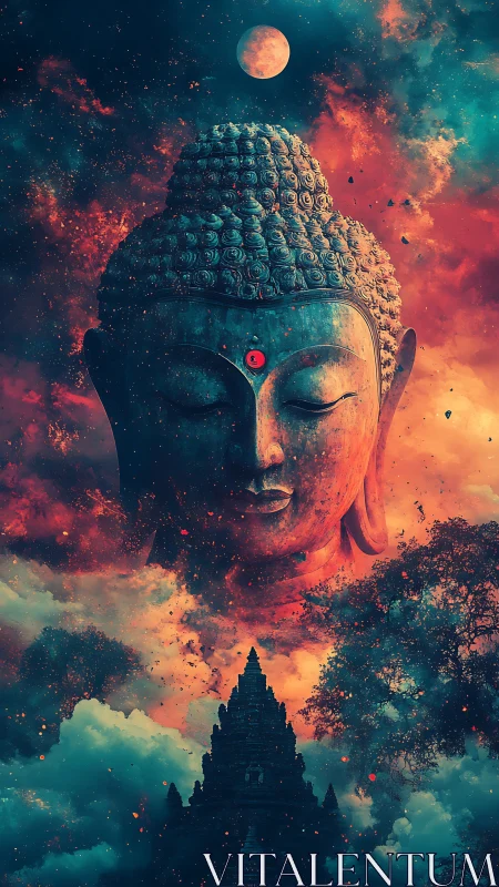 Cosmic Buddha drifts above ember clouds and temple shadows