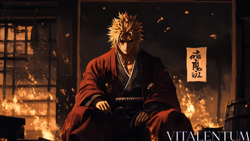 Samurai warrior in burning dojo interior, dramatic warm lighting