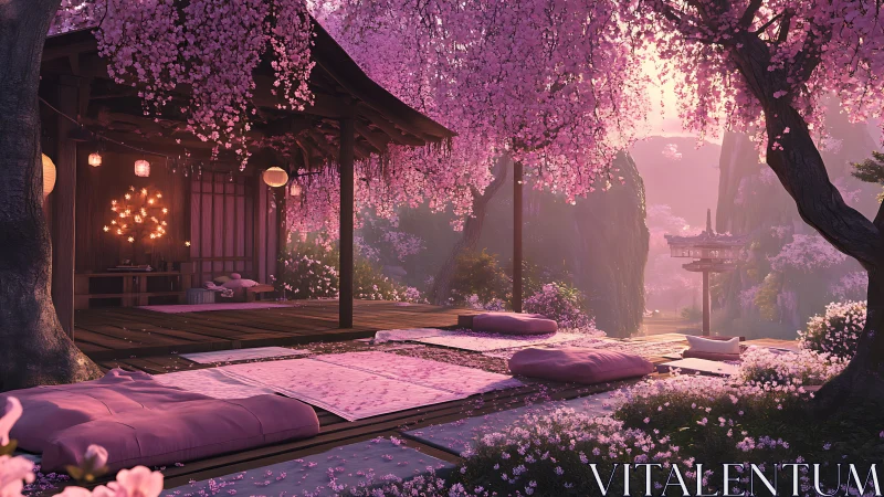 Sunlit sakura terrace frames tranquil outdoor tatami retreat