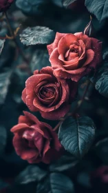 Deep Red Roses with Water Droplets on Dark Foliage Background