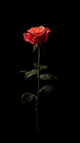 Red Rose on Black Background with Green Stem and Leaves