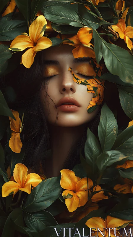 Floral dreamer crowned in gold petals and emerald leaves.