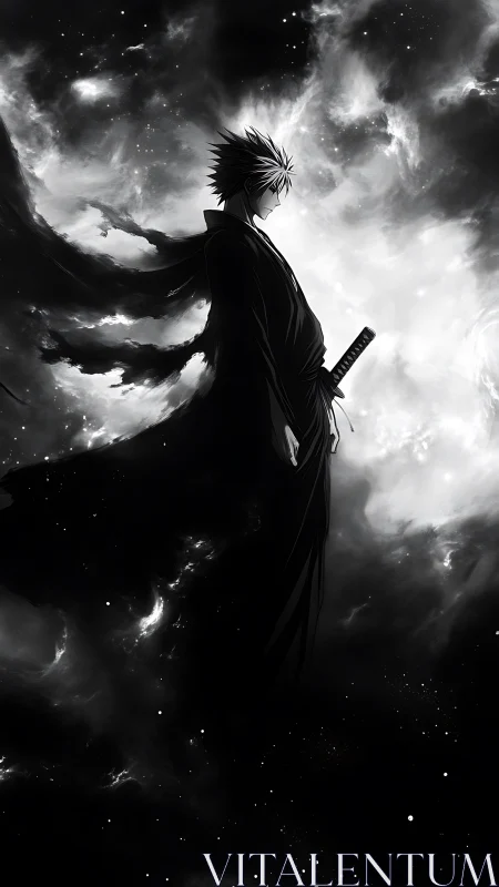 Silhouetted swordsman in flowing cloak against cosmic void.