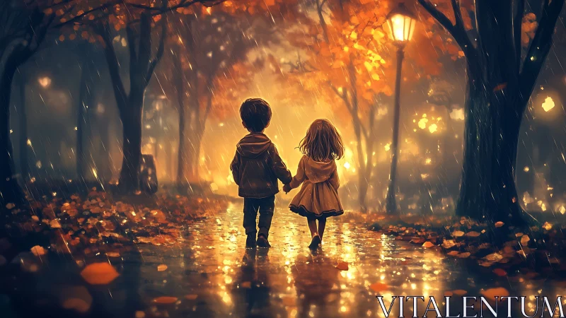 Children walking rainy autumn path beneath tree canopy with ambient light.