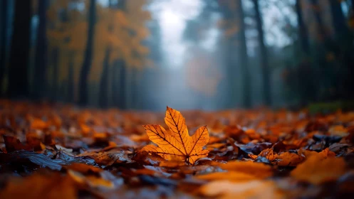 Central maple leaf isolates in shallow-focus autumn forest