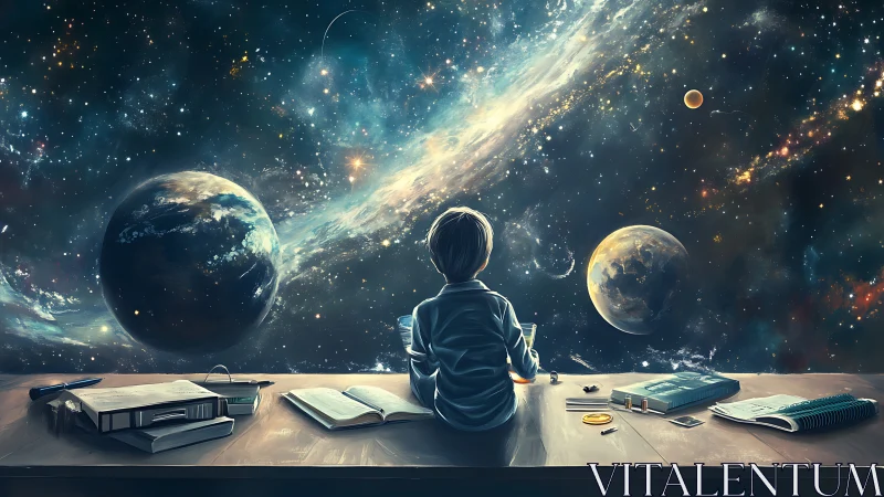 Curious child studies the cosmos from a starlit desk