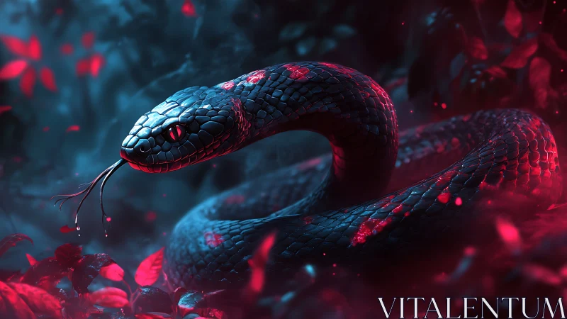 Coiled black serpent under neon red and blue forest light.