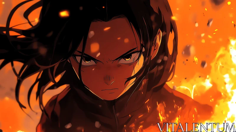 Fierce anime warrior strides through a roaring firestorm blaze.