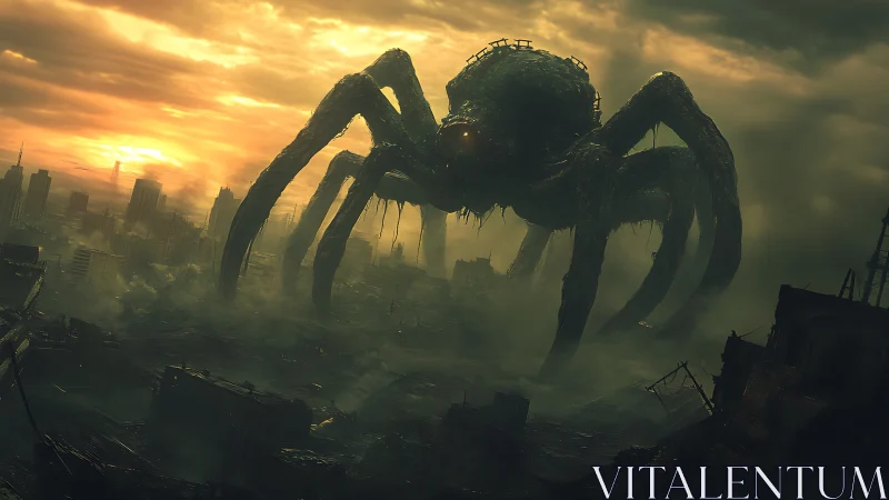 Colossal biomech spider eclipses a ruined post-apocalyptic cityscape