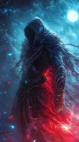 Hooded void wraith strides through crackling cosmic storm