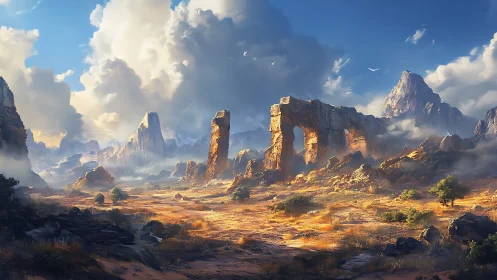 Rock arches and desert cliffs under dramatic clouds.