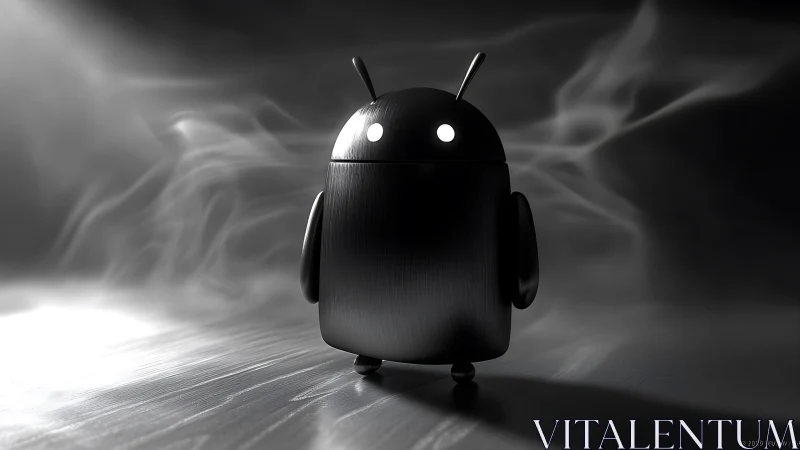 Brushed metal robot figure stands in directional studio lighting